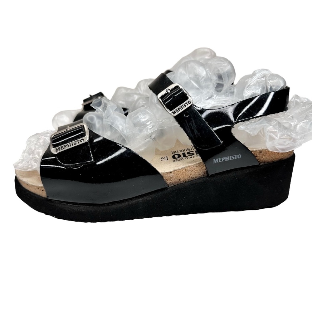 Mephisto Wedge Sandals Black Patent Leather Buckle Straps SZ 37 - Picture 4 of 11